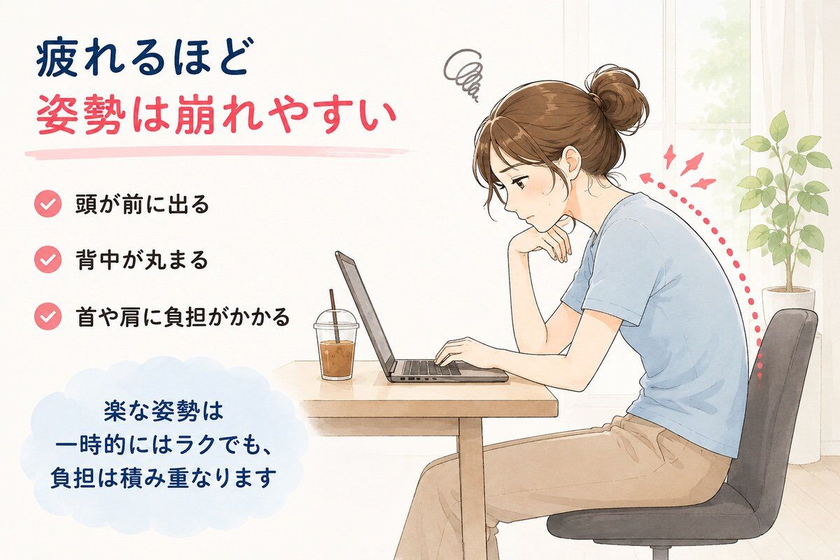 疲れるほど姿勢は崩れやすい 頭が前に出る・背中が丸まる・首や肩に負担がかかる