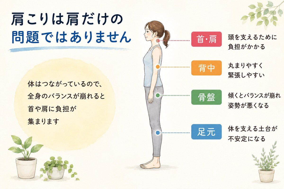 肩こりは肩だけの問題ではありません 体はつながっているので全身のバランスが崩れると首や肩に負担が集まります
