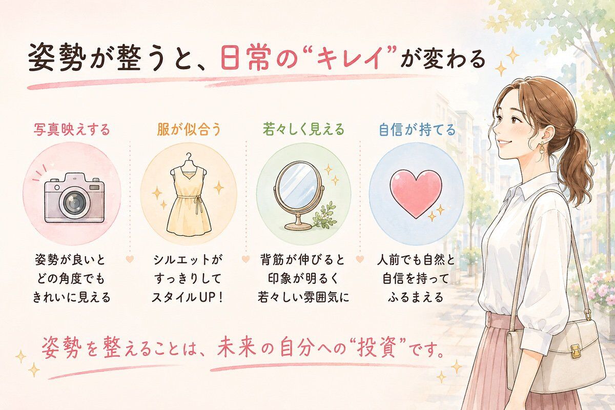 姿勢が整うと、日常の“キレイ”が変わる（写真映え・服が似合う・若々しく見える・自信が持てる）