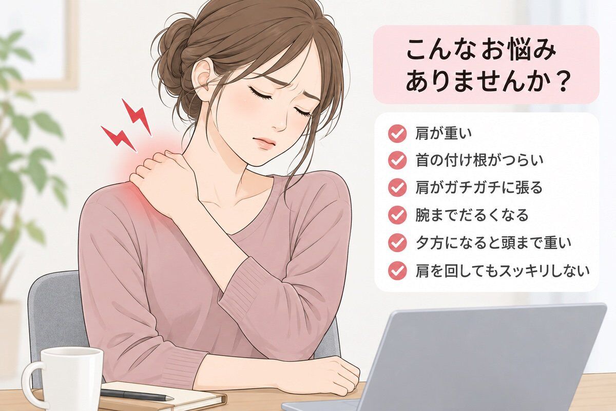 こんなお悩みありませんか？ 肩が重い・首の付け根がつらい・肩がガチガチに張る・腕までだるくなる・夕方になると頭まで重い・肩を回してもスッキリしない